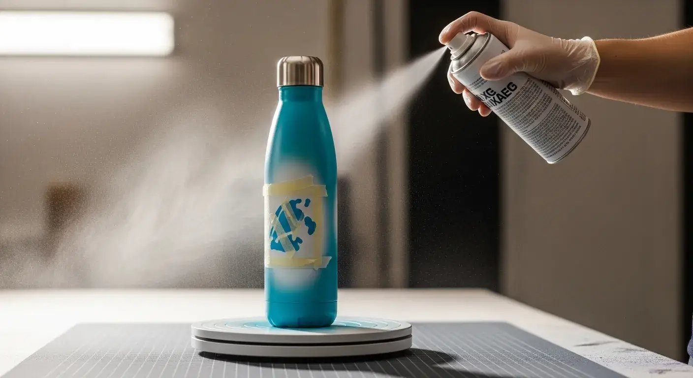 Painting curved bottles evenly Person rotating bottle on lazy Susan while spray painting