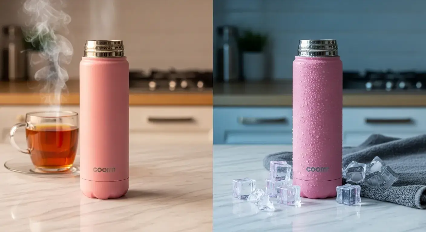 Pink bottle showing hot and cold performance