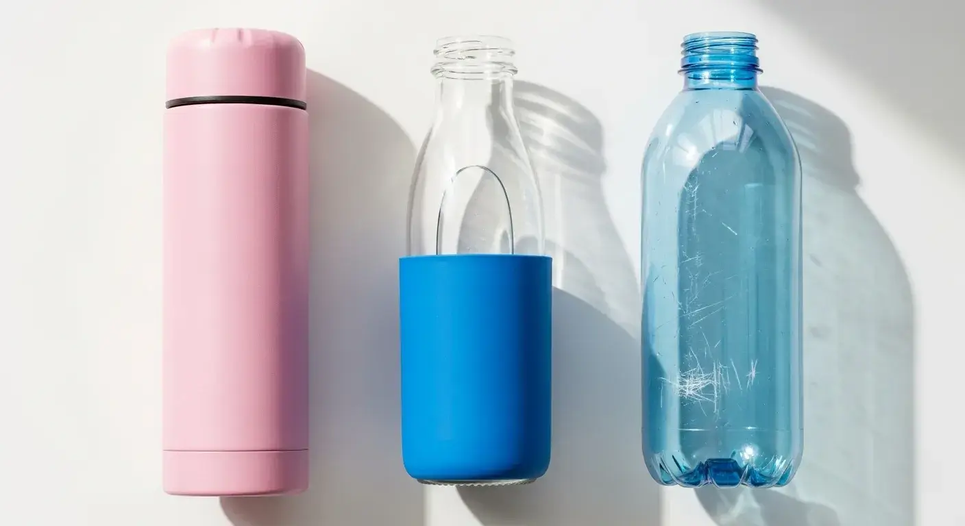 Pink, glass, and plastic bottles side by side
