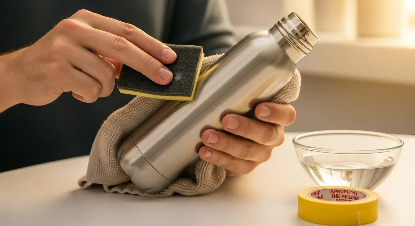 Prep curved bottle for paint Person sanding a stainless bottle with foam pad