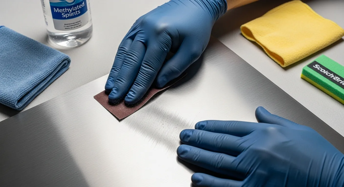 Surface prep for adhesion Worker sanding and degreasing stainless surface before paint