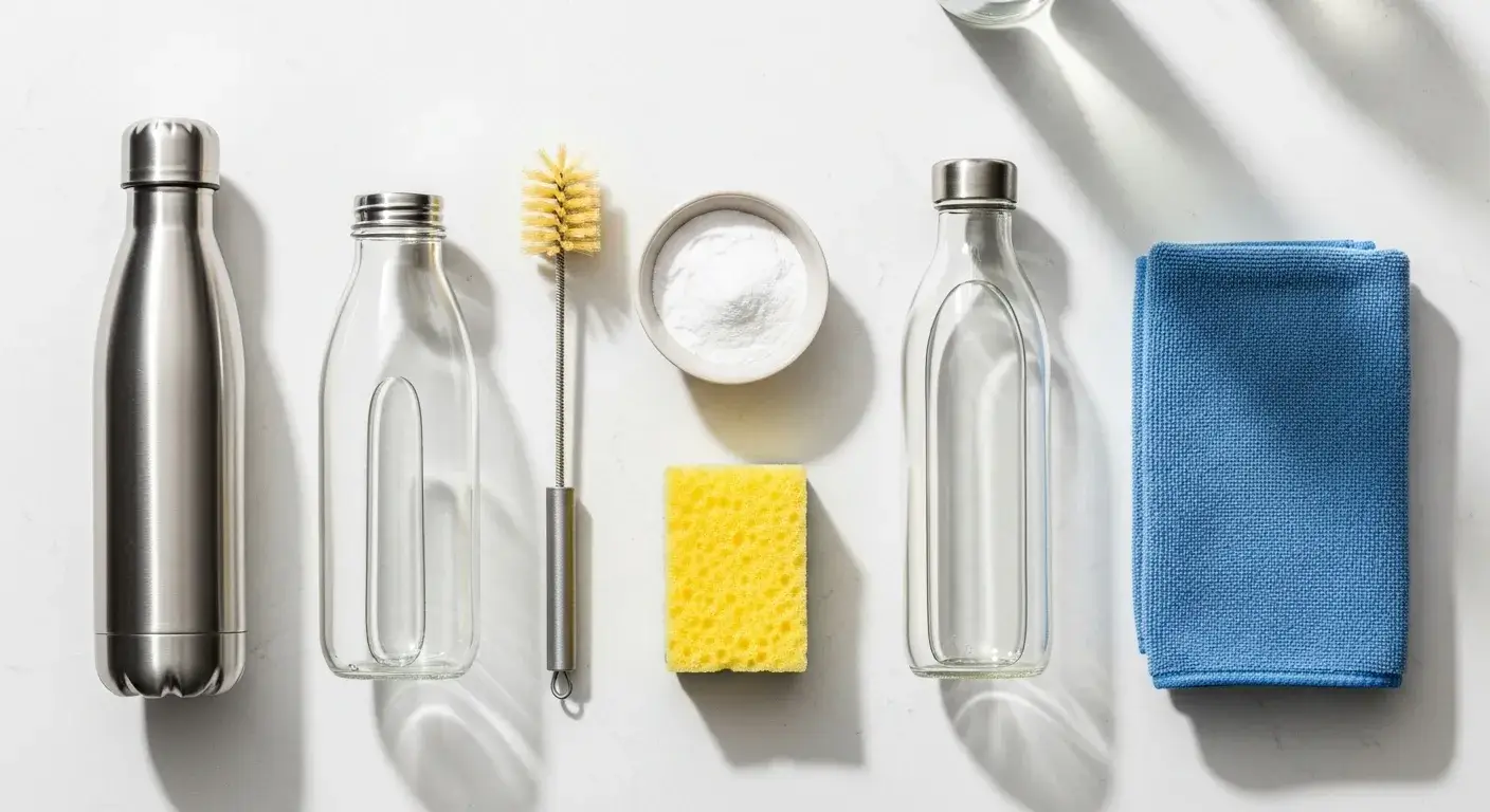 Bottle maintenance tips Cleaning tools and reusable bottles laid out