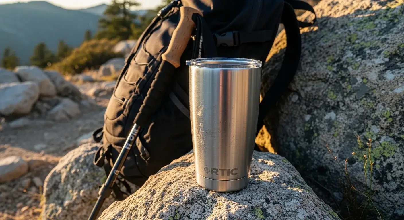 Scuffed RTIC tumbler on hiking trail