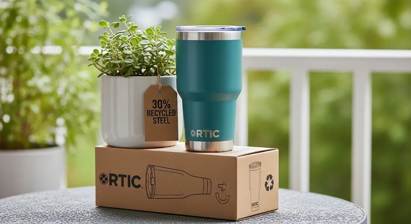 RTIC tumbler on recycled packaging with green plant