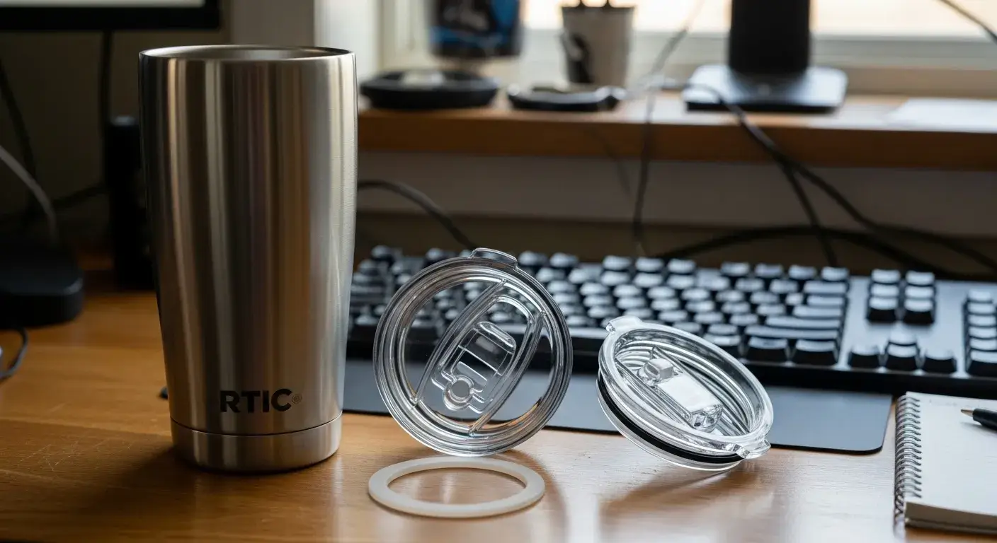 RTIC tumbler lid and straw on desk