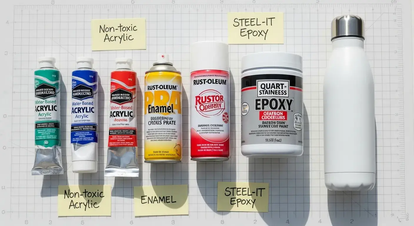 Safe paints for water bottles Non-toxic acrylic and enamel paints next to a stainless bottle