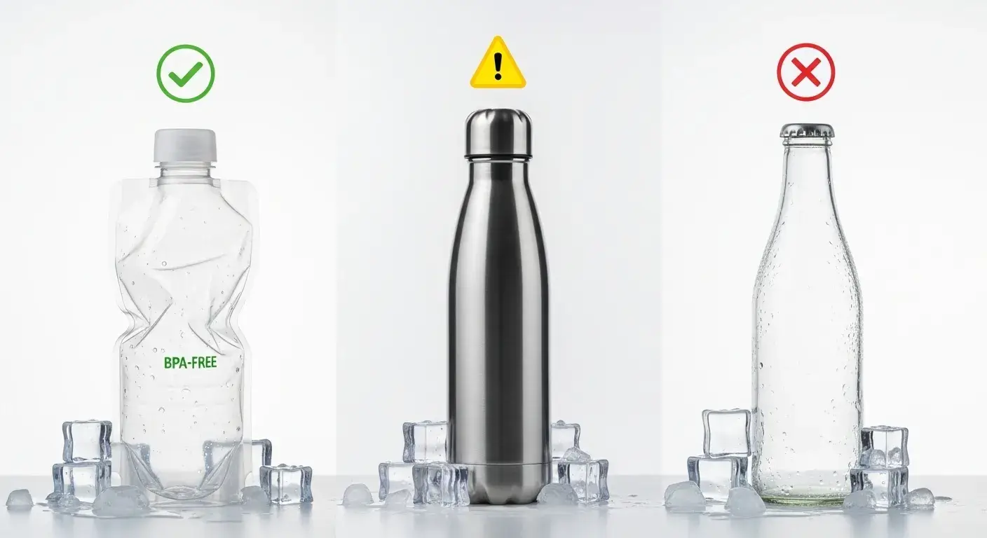 Bottle freeze safety guide Plastic, stainless steel, and glass bottles labeled safe or risky