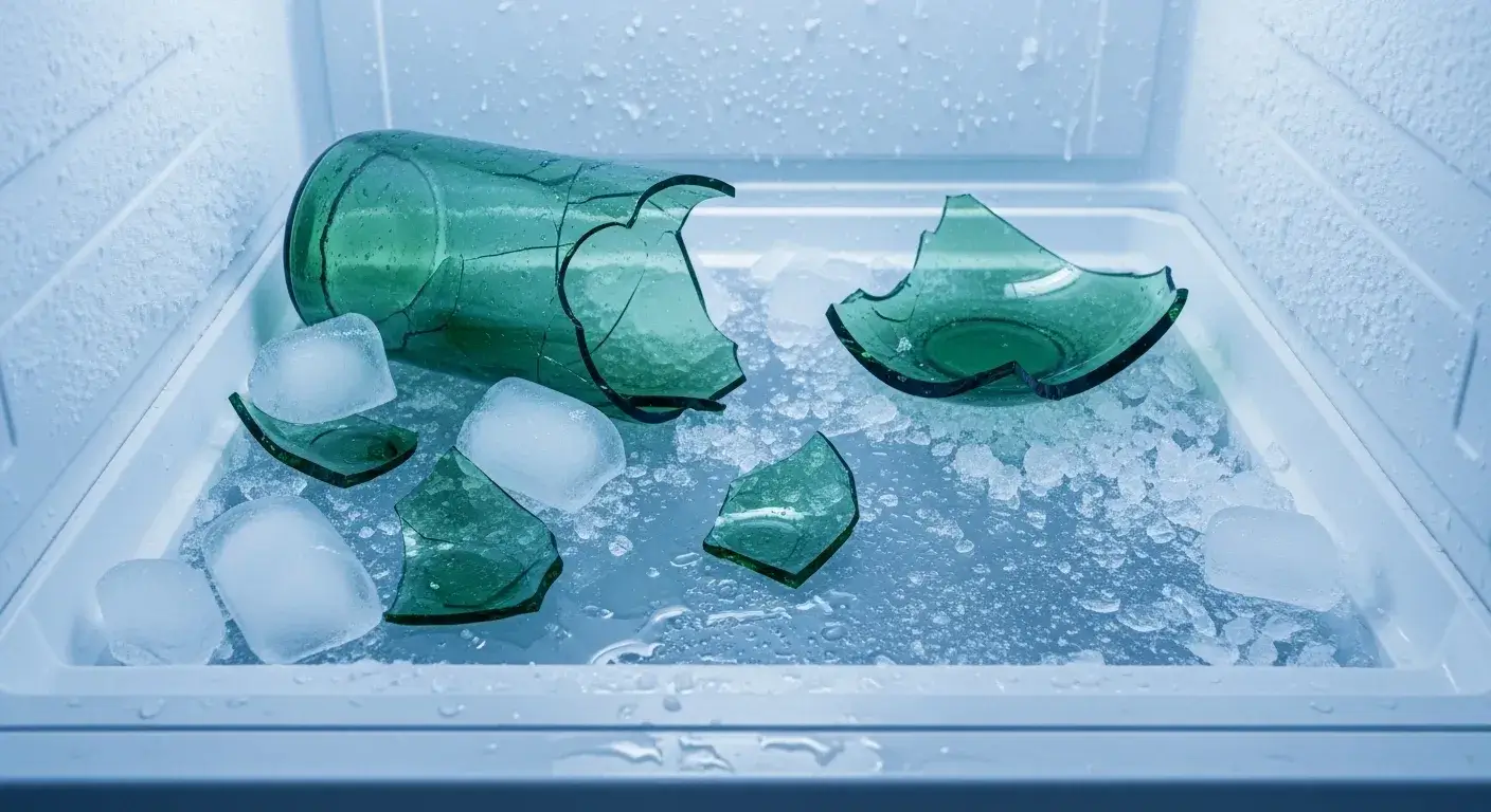 Frozen glass bottle risk Broken glass bottle in freezer with ice shards