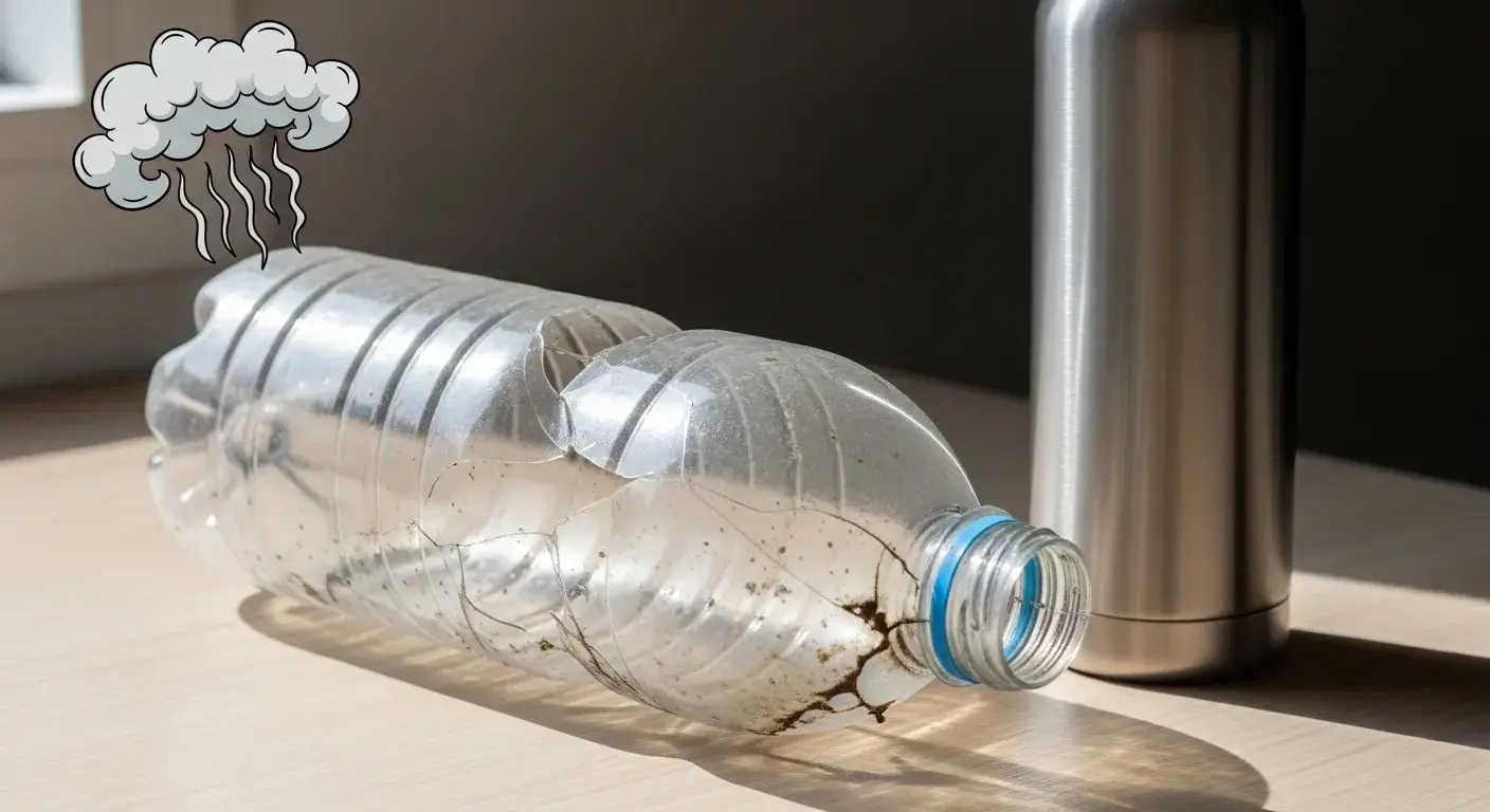When to replace bottle Old water bottle with cracks and odor cloud icon