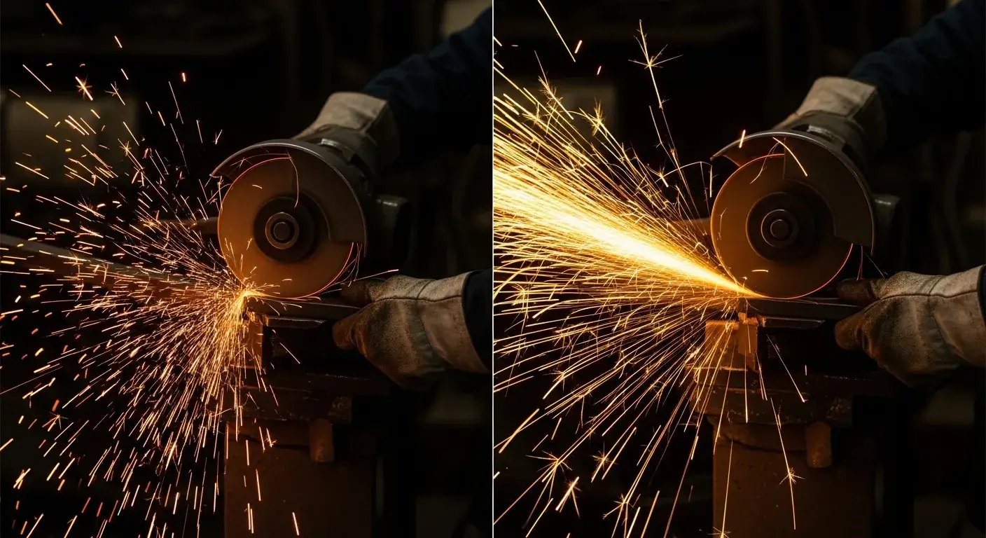 Side-by-side sparks from grinding 304 and carbon steel