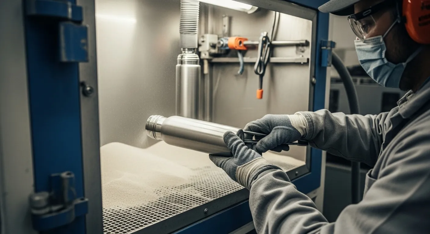 Surface prep for coating adhesion Worker prepping stainless bottle with abrasive blasting