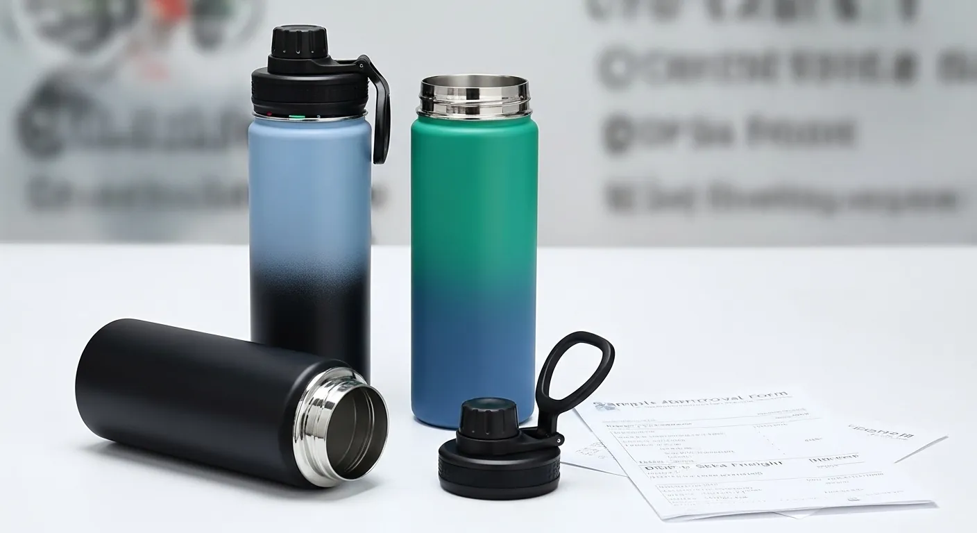 Supplier sample and shipping invoice beside custom stainless steel bottles