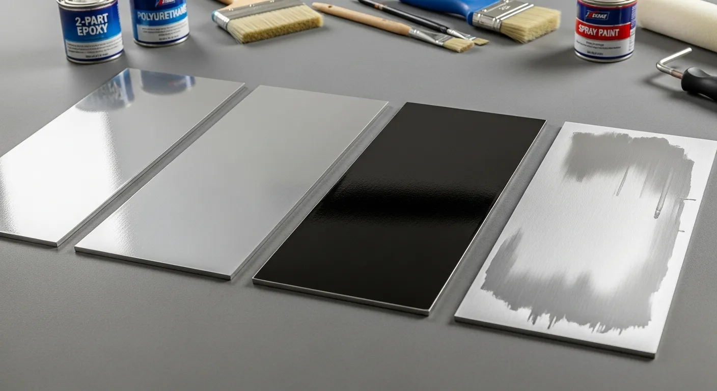 Best paints for adhesion and durability Paint samples on stainless panels showing finish types