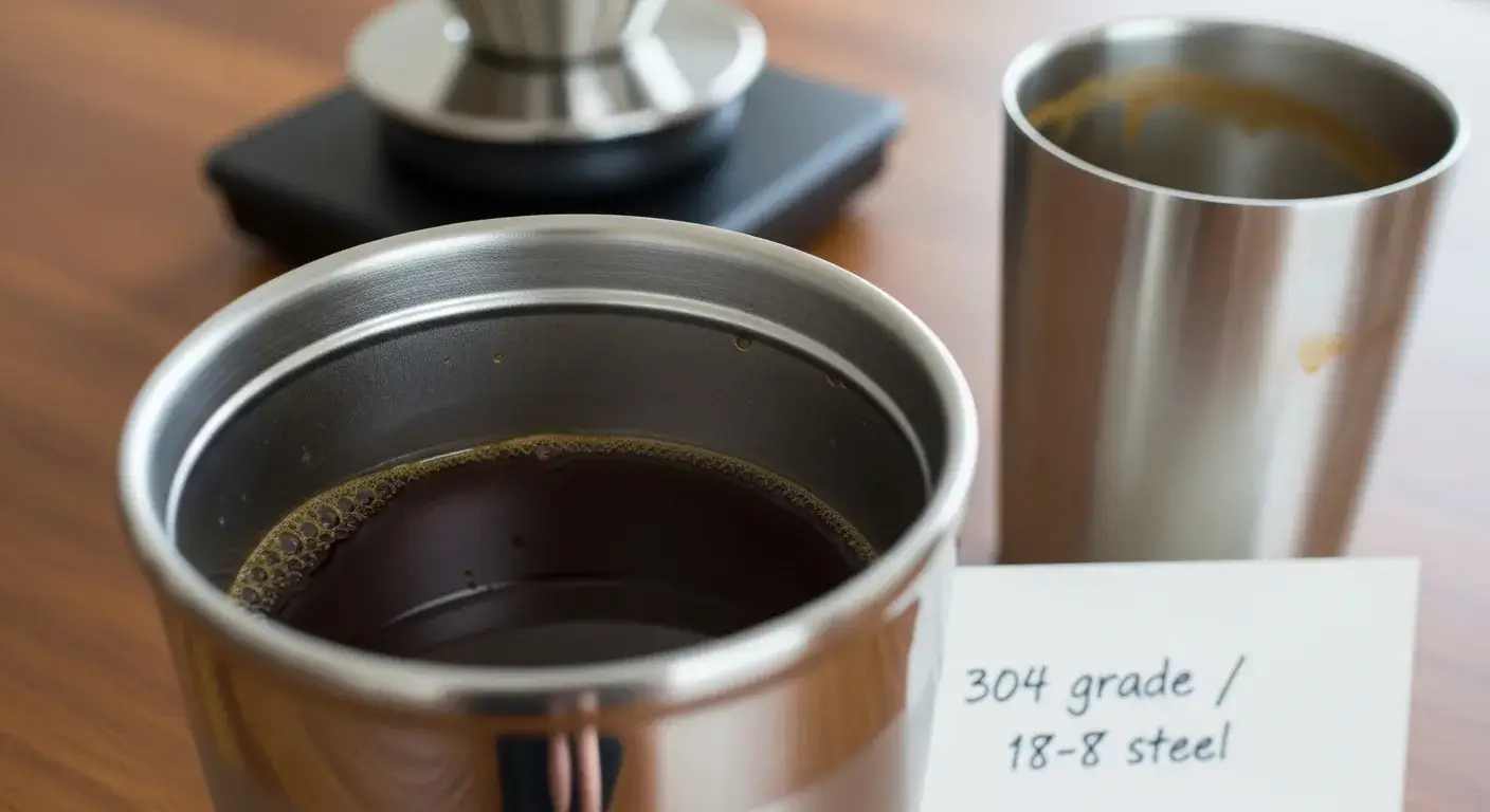 Polished steel tumbler preserving coffee flavor