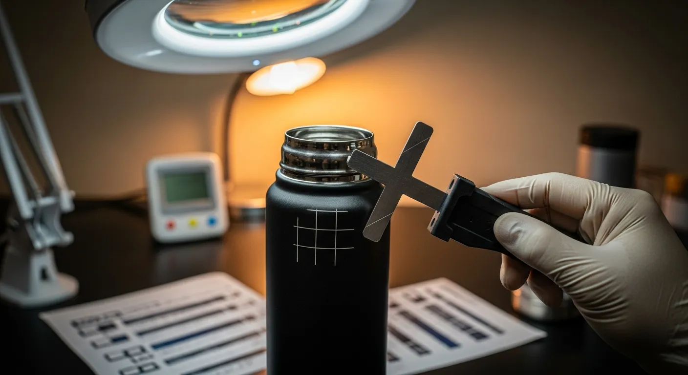 Coating durability test Technician testing bottle coating with cross-hatch tool