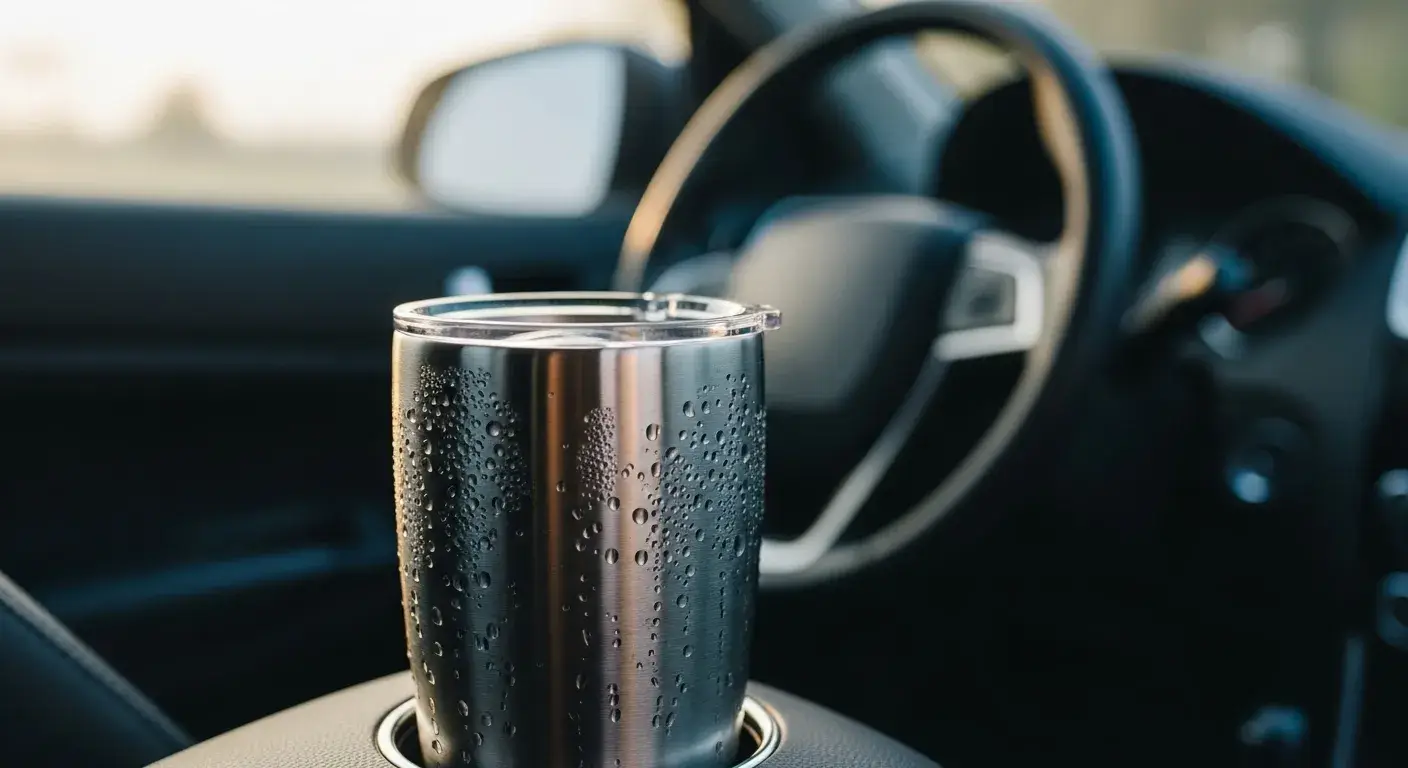 Stainless steel tumbler in a commuter’s car cup holder
