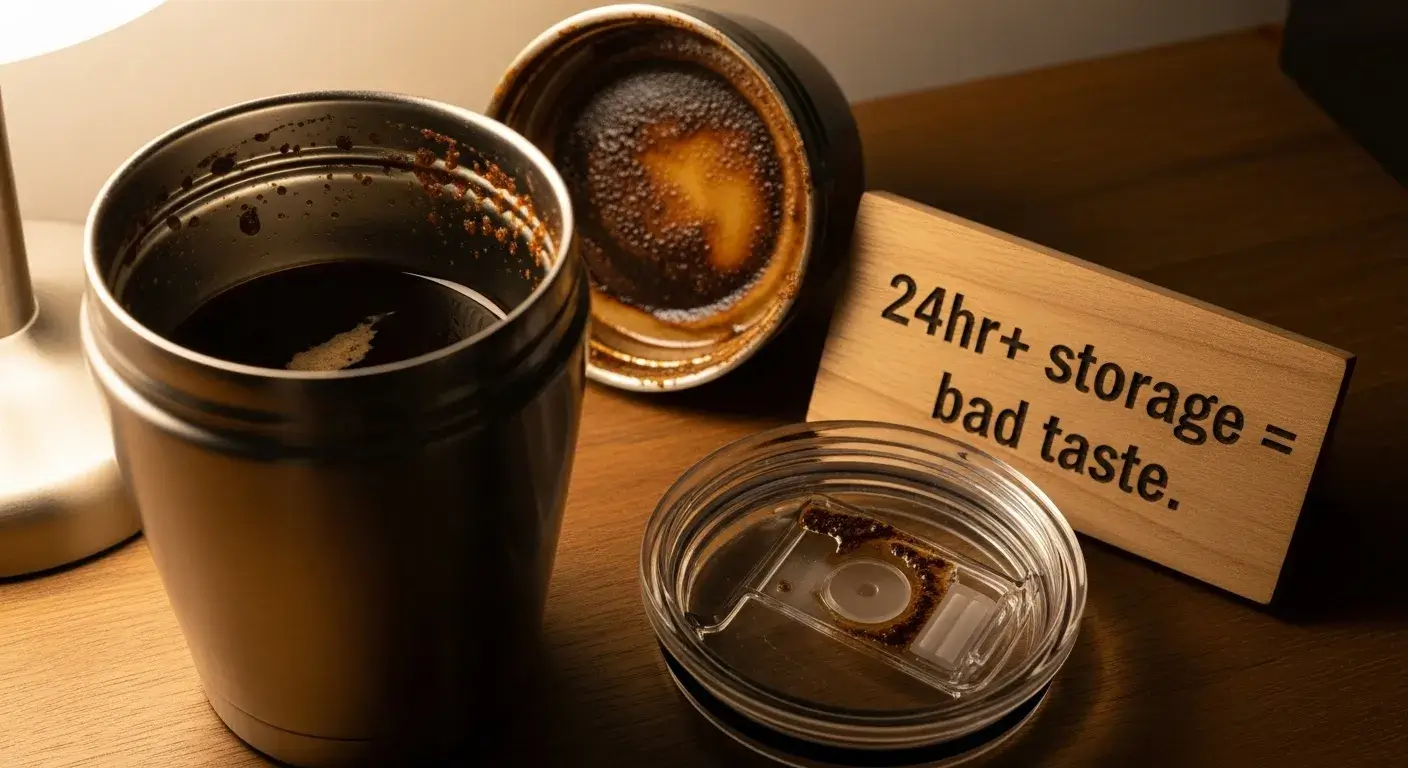 Coffee left overnight in a steel tumbler with stained lid