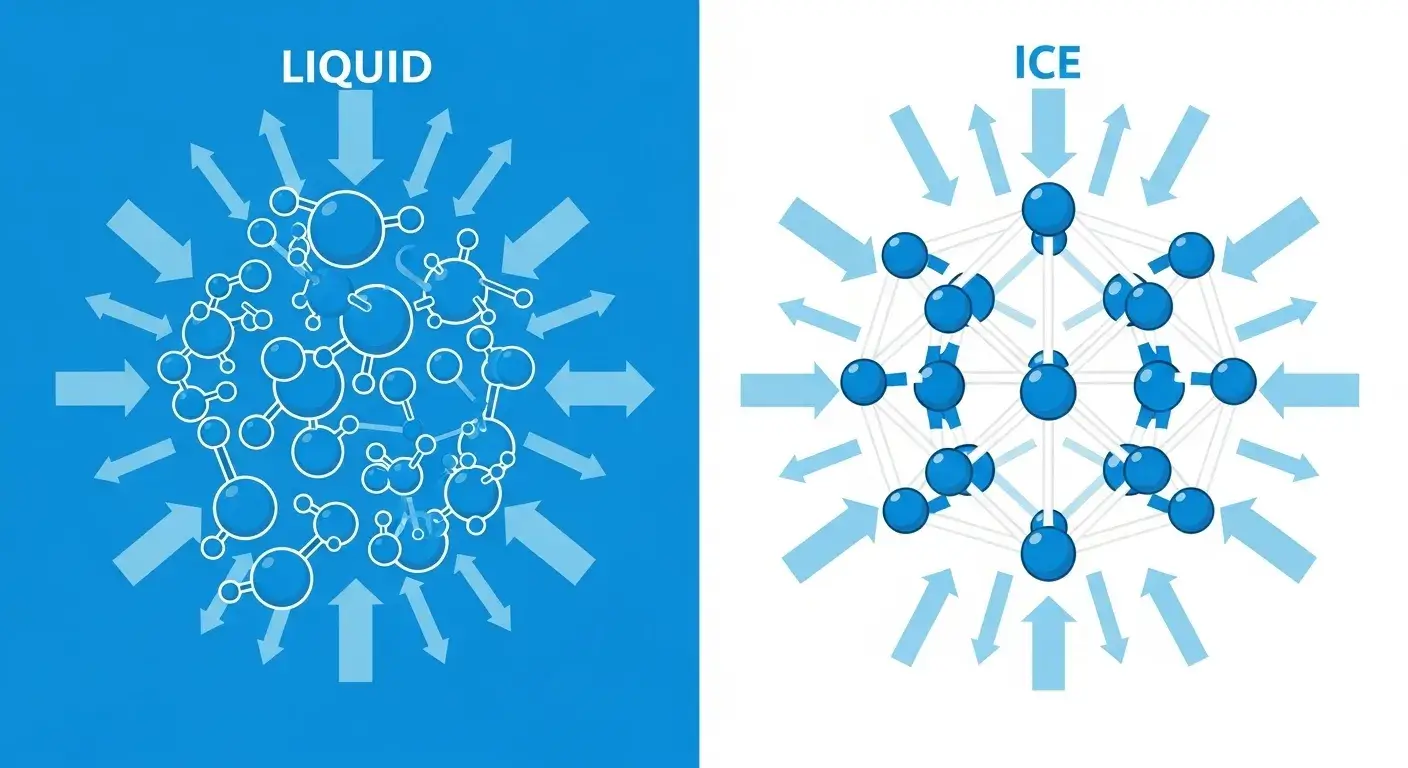 Molecular expansion explained Illustration of water molecules expanding as ice