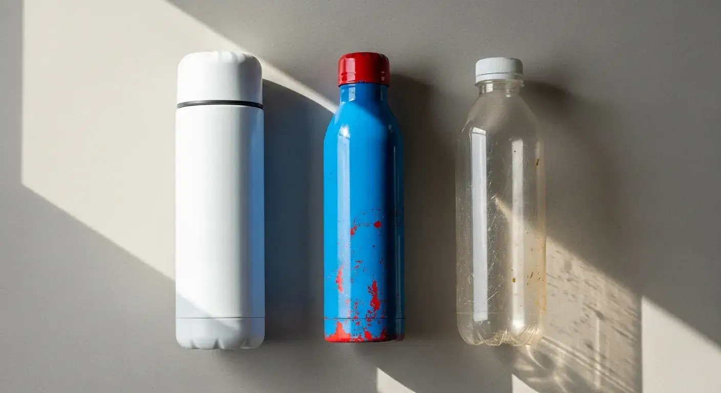 Bottle material comparison White bottle beside colored and plastic bottles