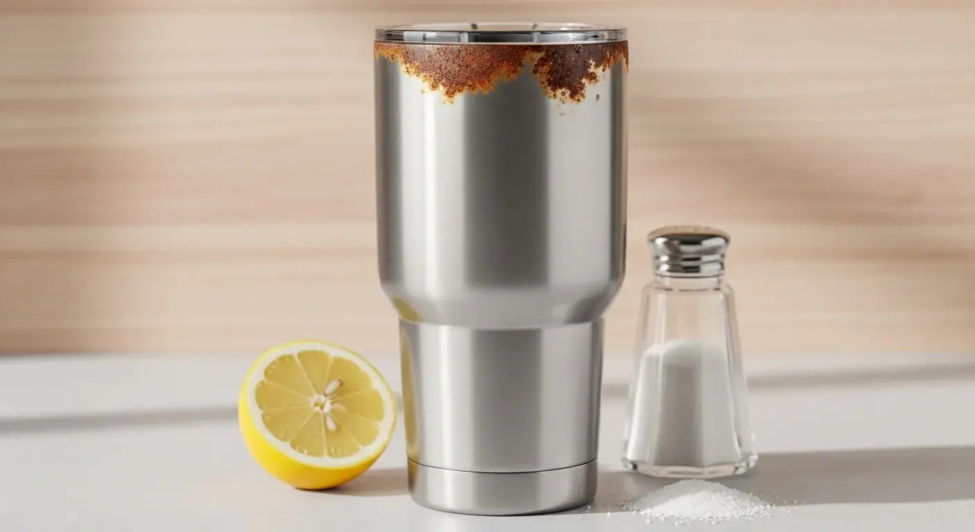 Stainless steel tumbler with rust spots caused by salt and acids