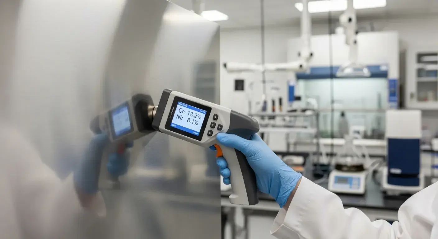 Technician using handheld XRF scanner on steel sample
