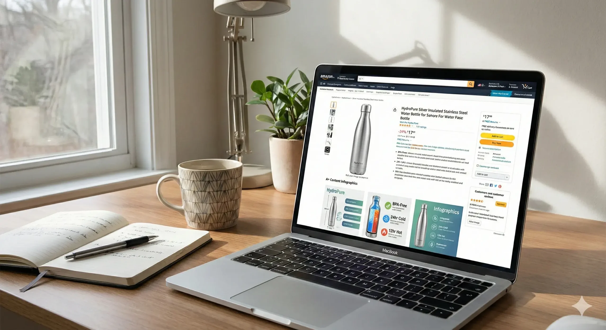Optimized Amazon water bottle listing on laptop screen