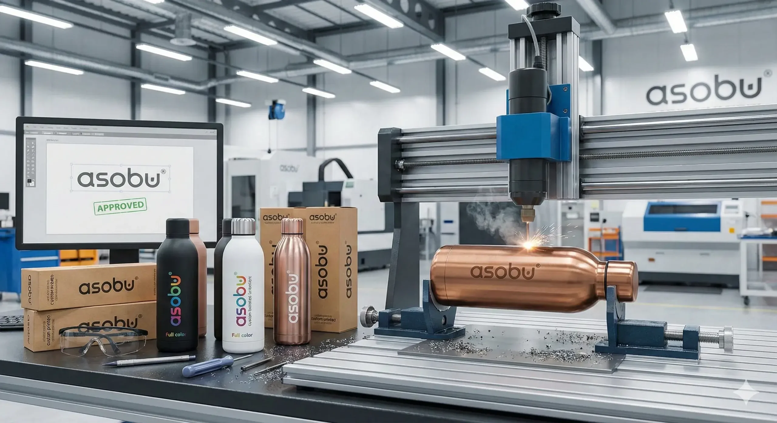 Custom logo being printed on Asobu bottles