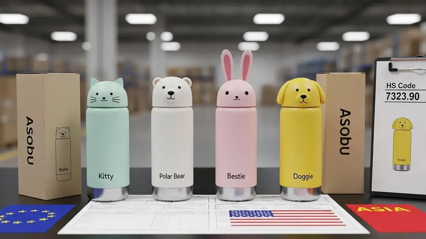 Boxes of Asobu bottles at customs with flags and forms