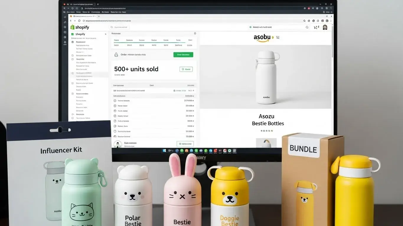 Asobu bottles on Shopify and Amazon store screens