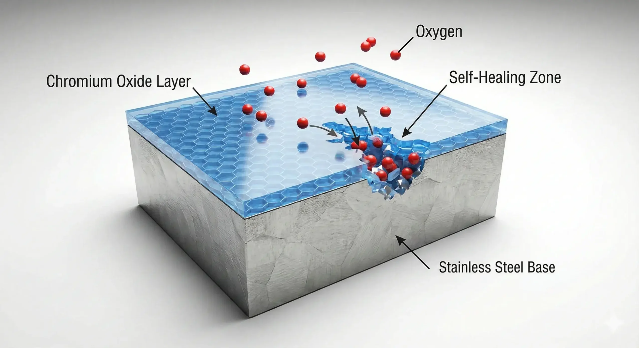 Protective chromium oxide barrier Chromium oxide layer forming on stainless steel in microscopic detail
