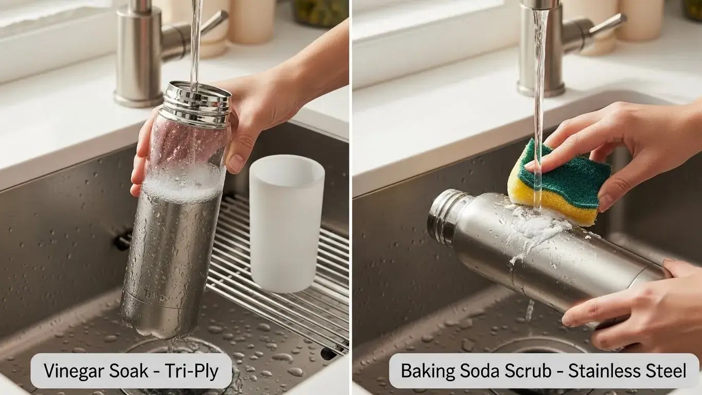 Person hand-washing tri-ply and stainless steel bottles at sink