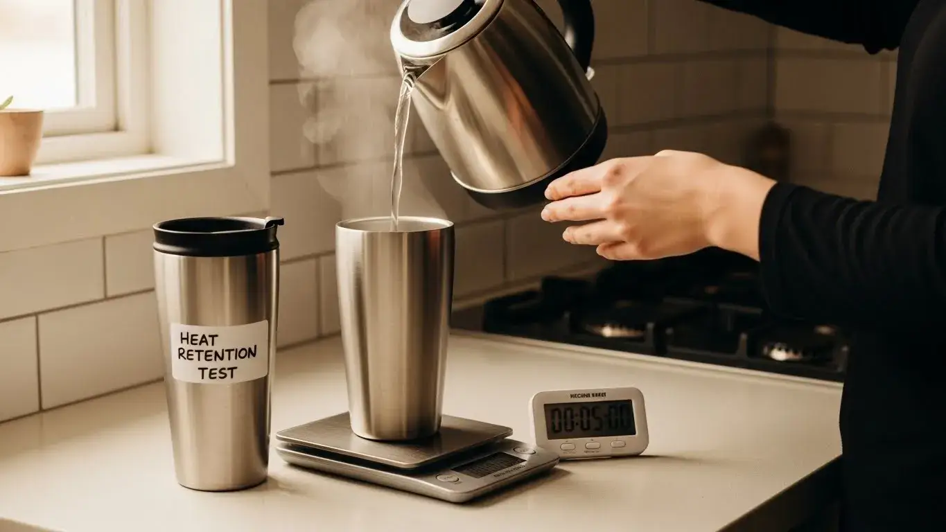 Preheat and lid use tips Person preheating a mug with hot water before pouring coffee