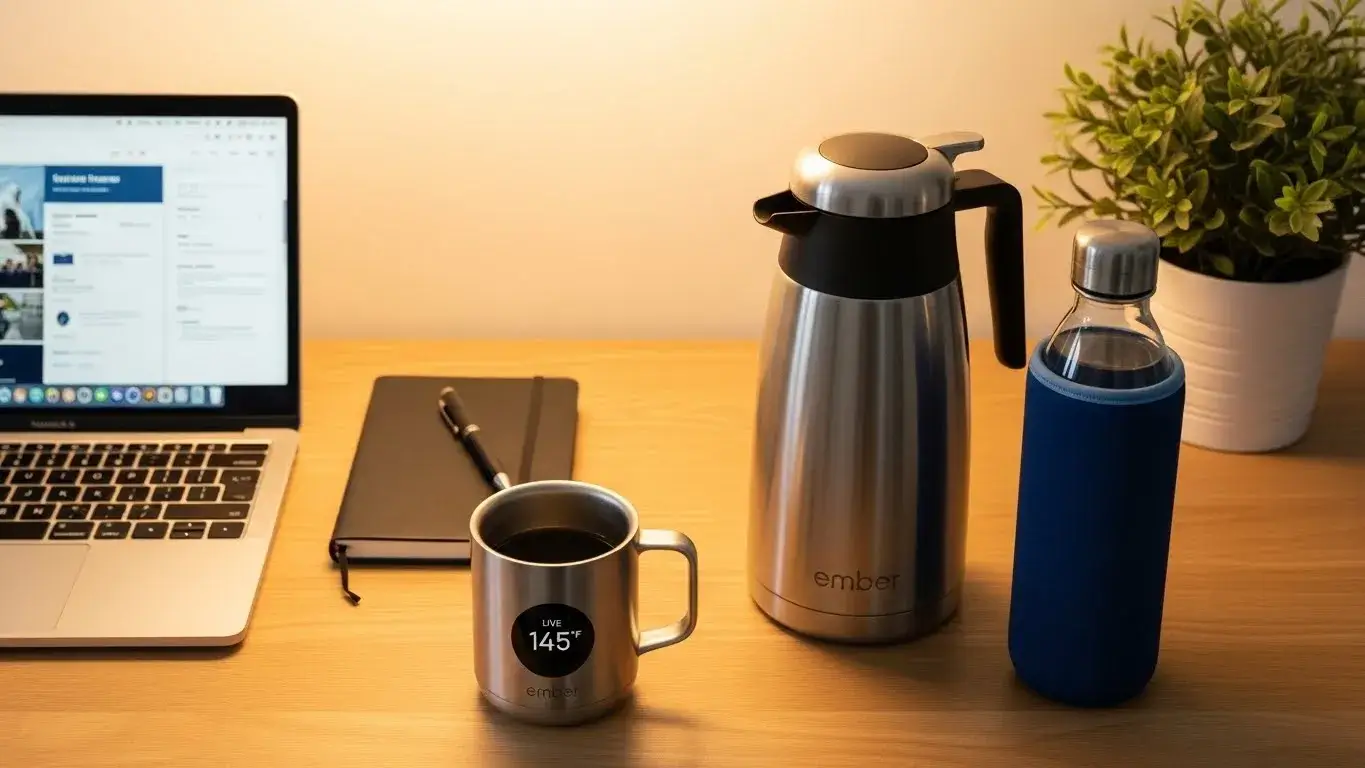 Tools to extend heat Ember mug, neoprene sleeve, and thermal carafe on desk