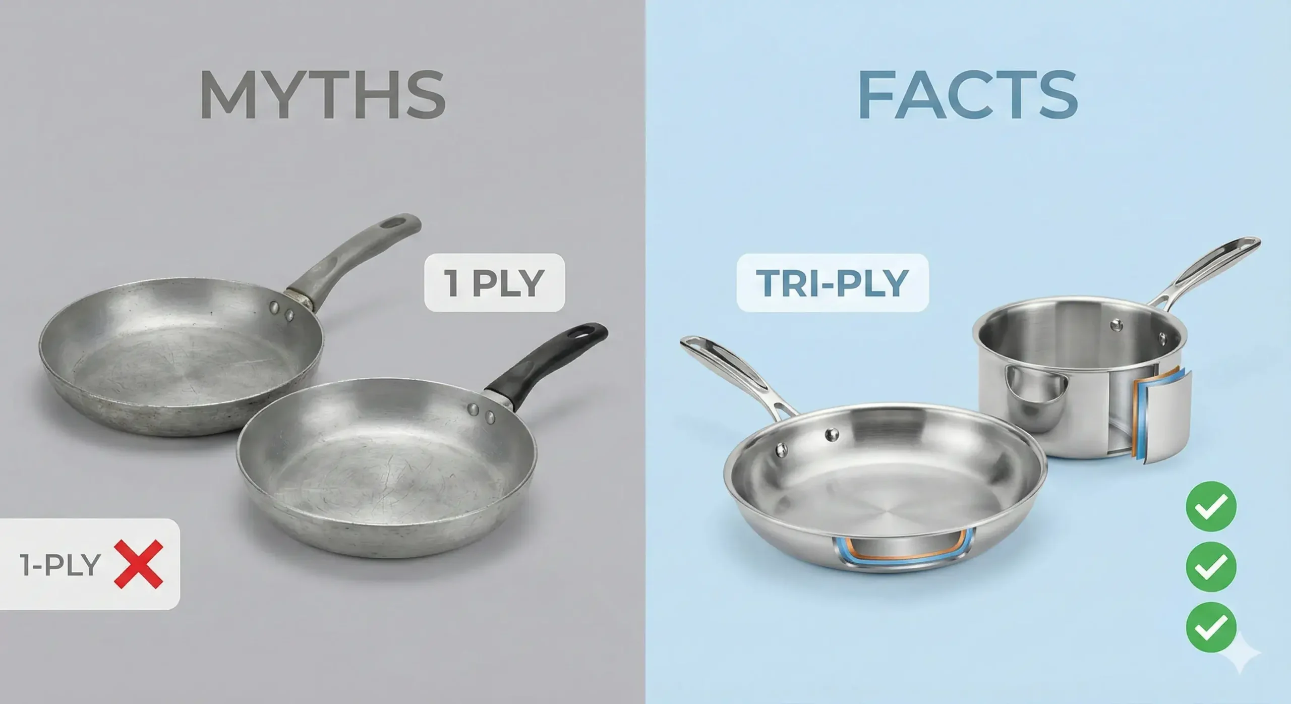 Myths vs facts visual Split graphic showing cookware myths on left and facts on right
