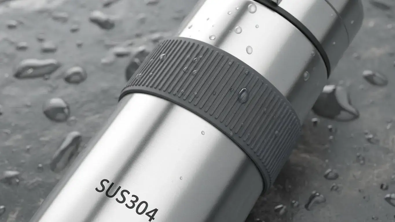 Durable materials for bottles Close-up of SUS304 steel bottle with silicone grip and leak-proof lid