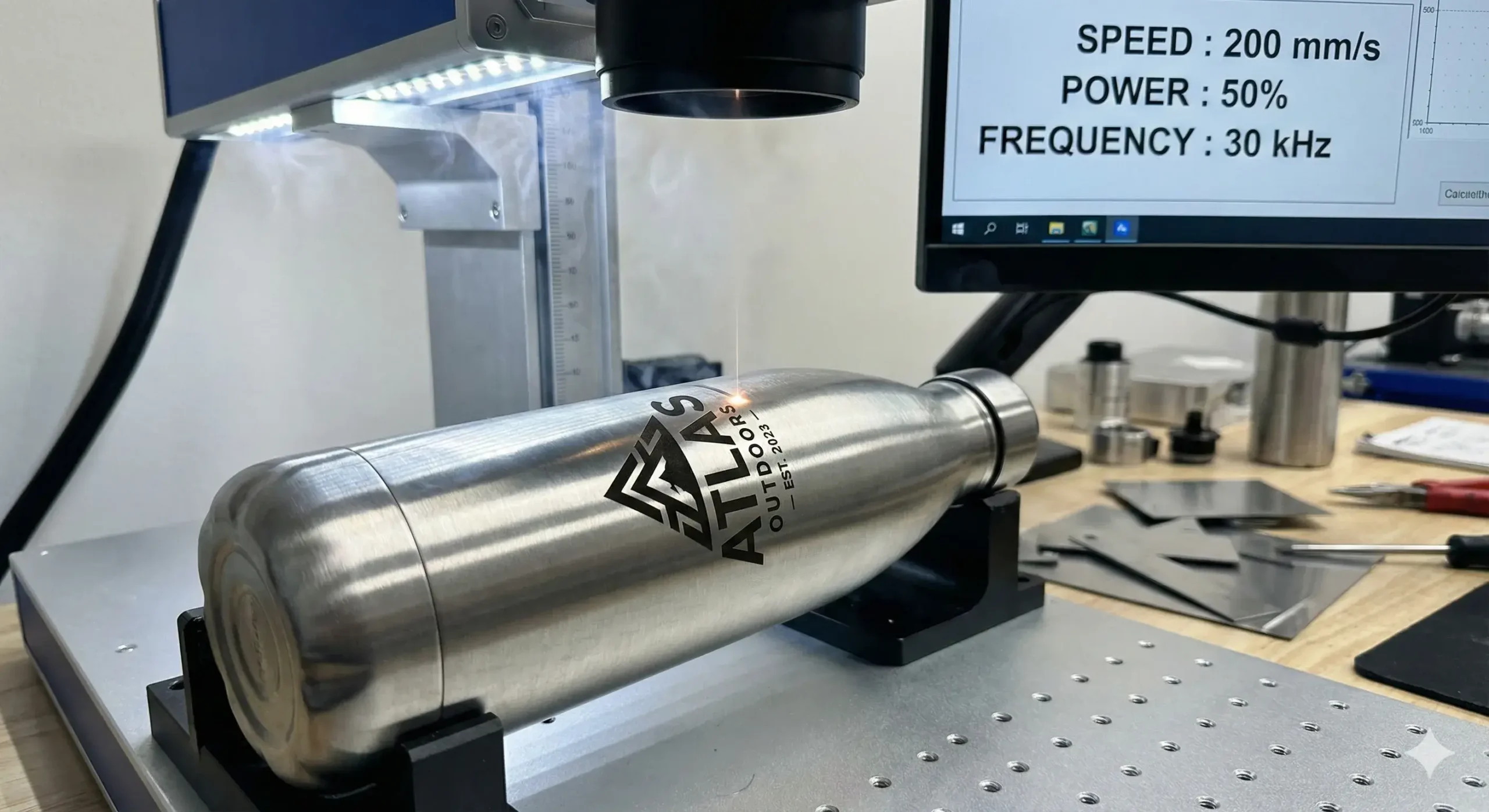 Clean engraving with tuned settings Laser using bottom-up technique on a stainless bottle