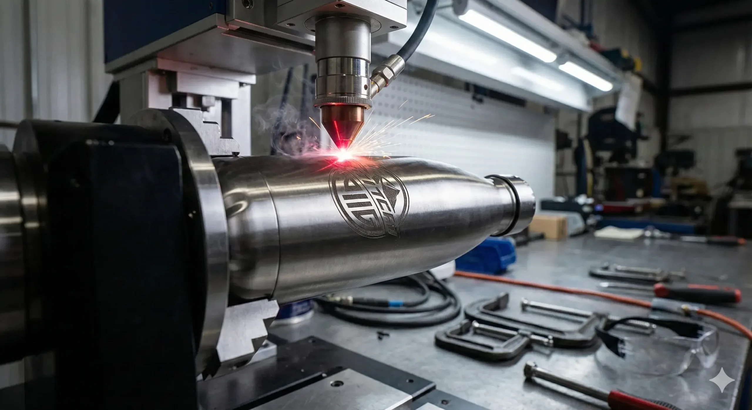 Precision rotary engraving tools Fiber laser and rotary tool engraving a curved steel bottle