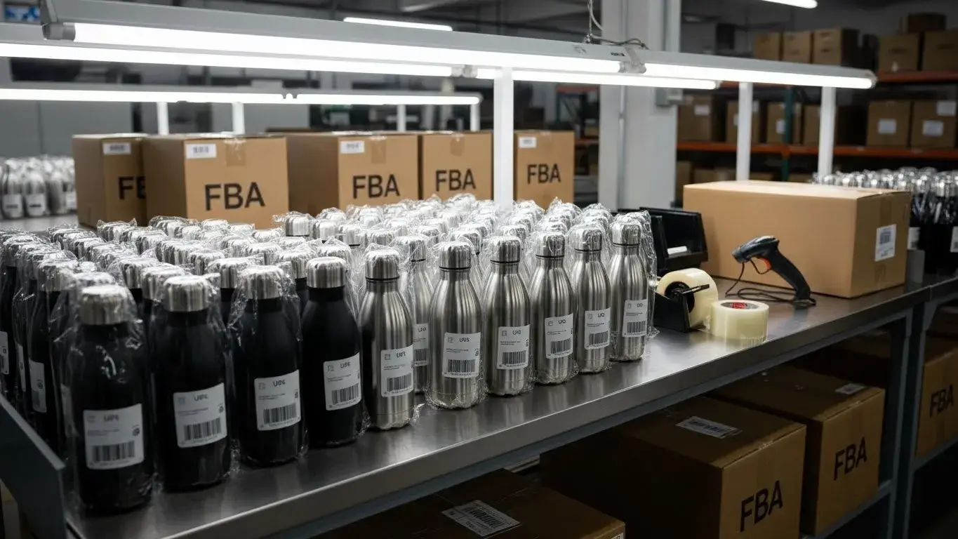 FBA prep station with labeled water bottles and shipping materials
