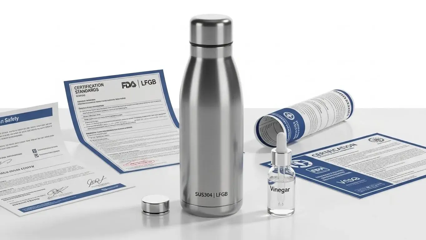 Certified food-grade stainless steel bottle beside test gear