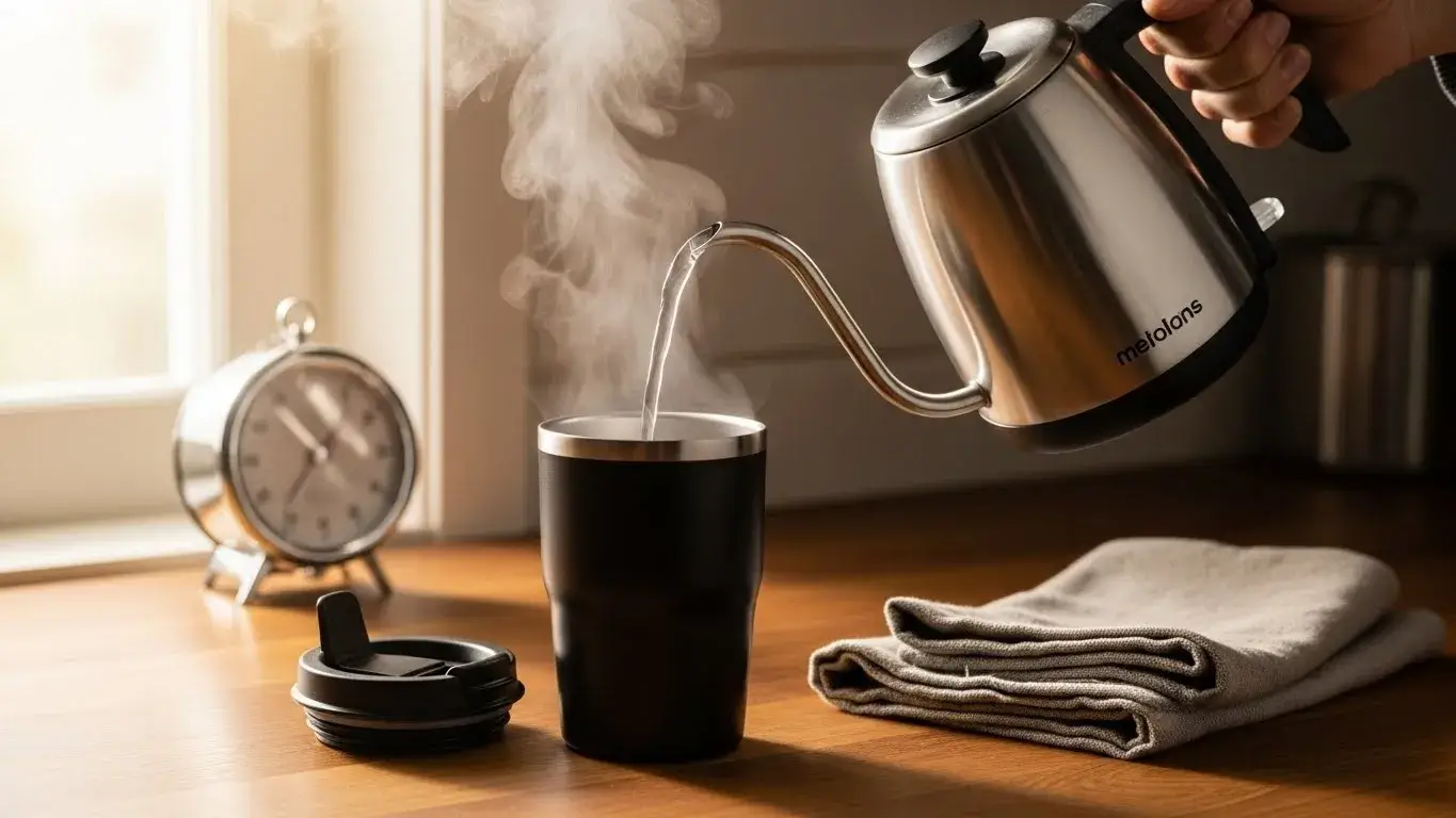 Insulated cup usage tips Person preheating stainless cup at kitchen counter