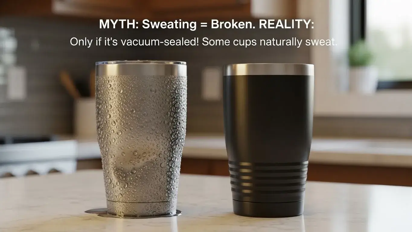 Common insulated cup pitfalls Broken insulated cup with visible dent and steam escaping