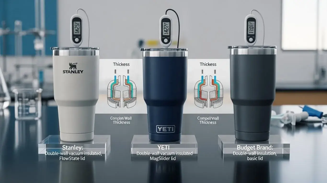 Cup performance test comparison Side-by-side comparison of premium and budget insulated cups