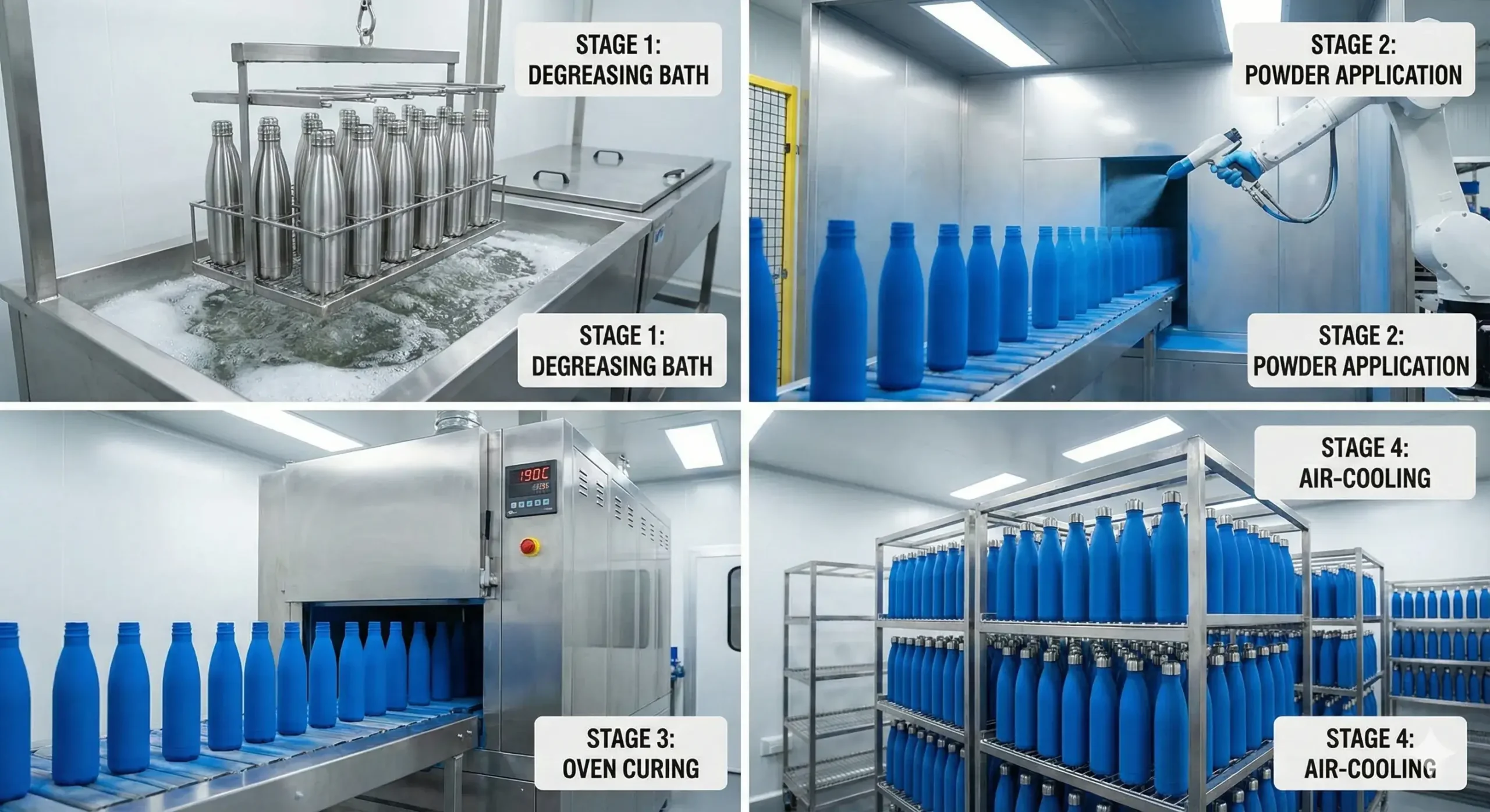 Sequential layout of powder coating: cleaning, spraying, curing, cooling