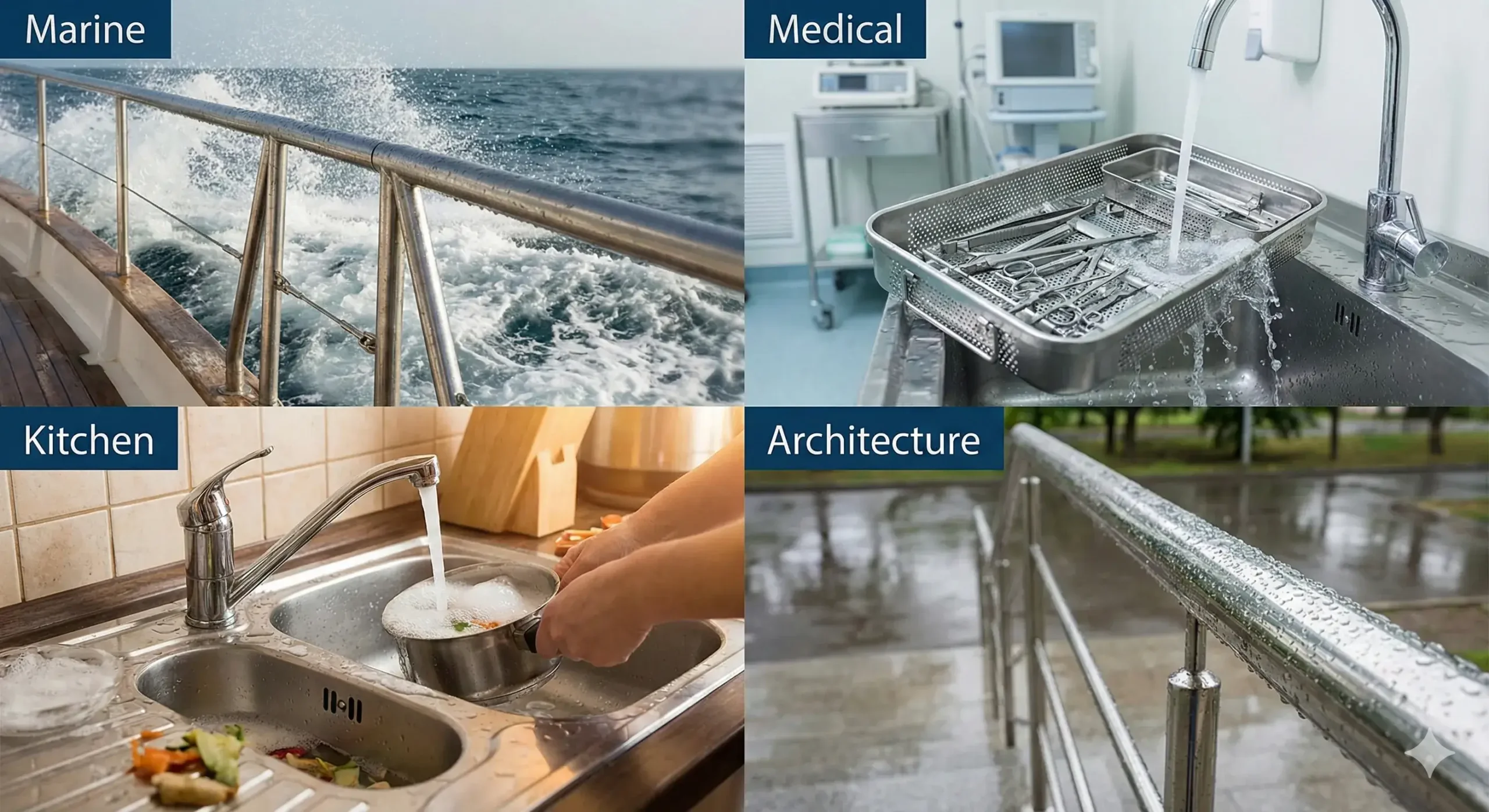 Stainless steel in wet environments Four-panel image of marine gear, medical tool, kitchen sink, and outdoor railing