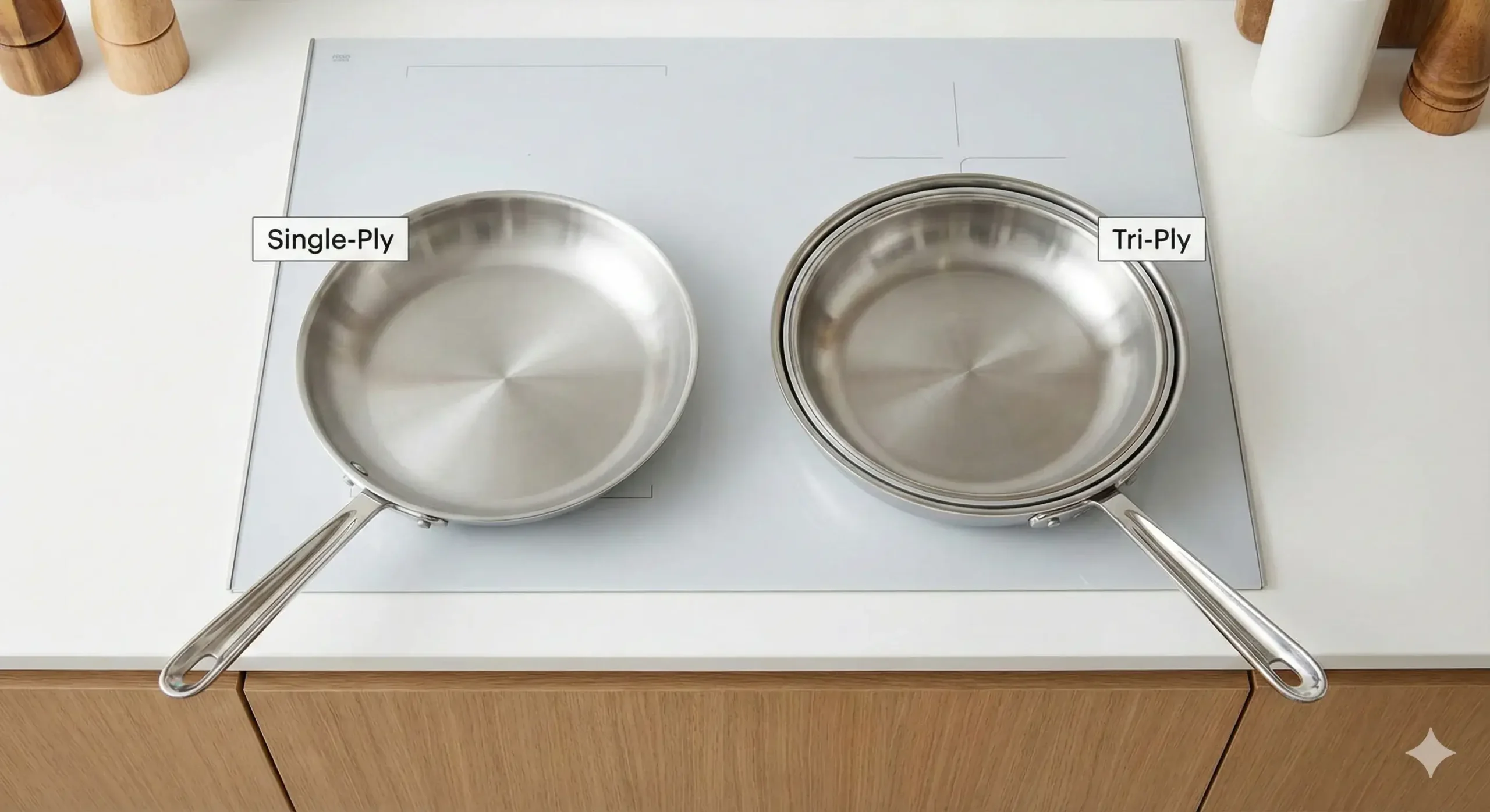 Single vs tri-ply cookware Side-by-side pans showing single-ply and tri-ply labels