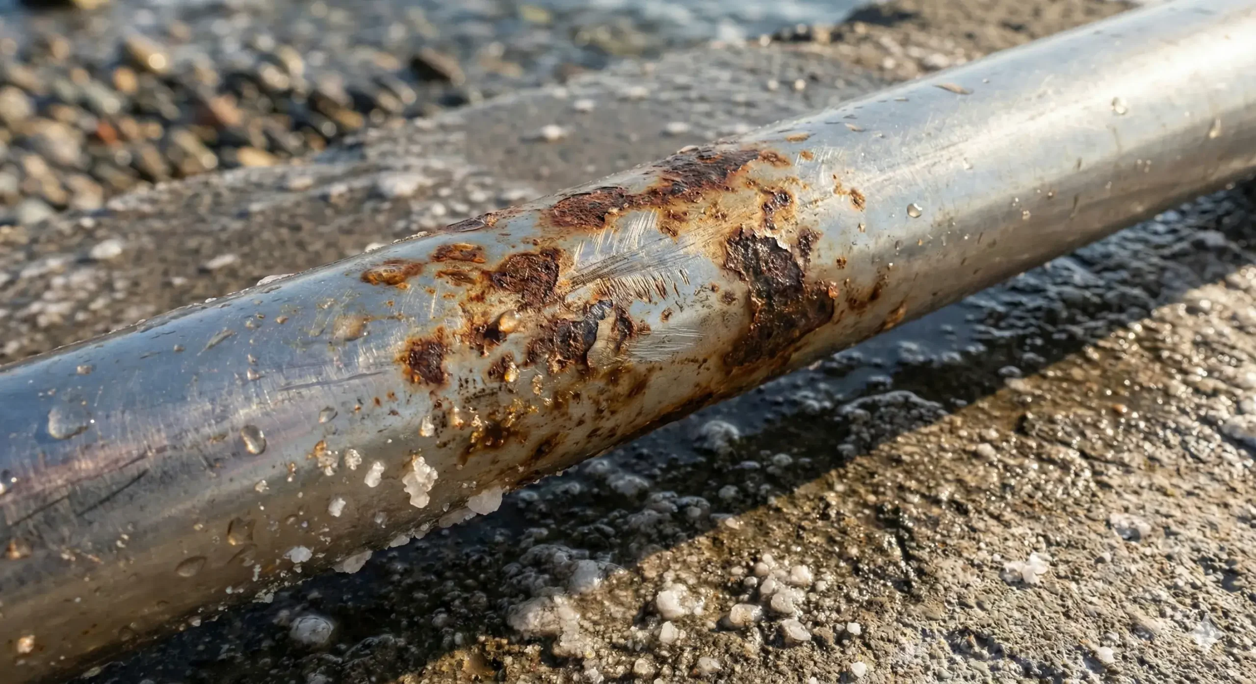 Corrosion from prolonged water exposure Rust forming on damaged stainless steel pipe exposed to saltwater