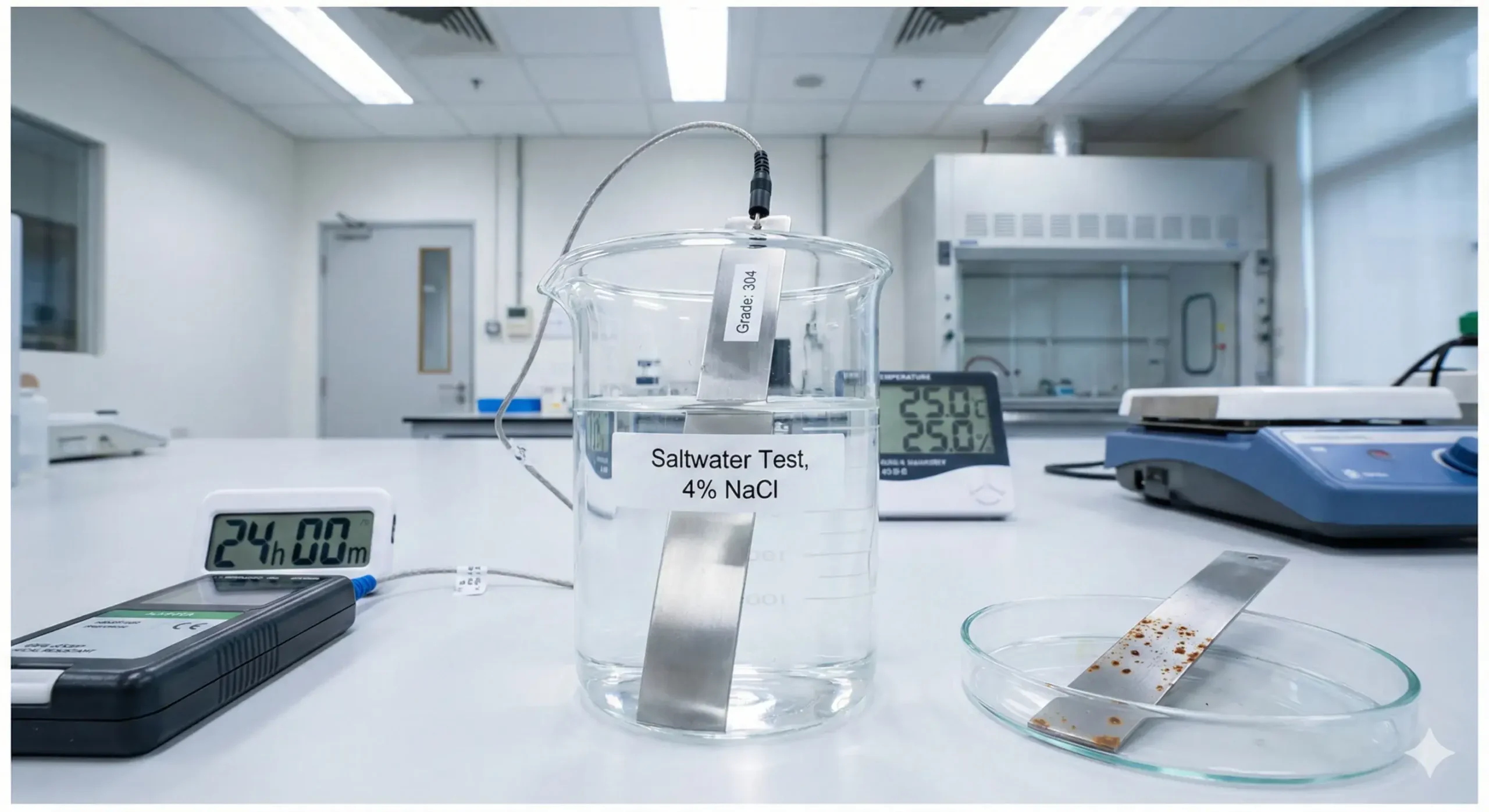 Immersion testing setup Stainless steel strip submerged in saline solution during corrosion test