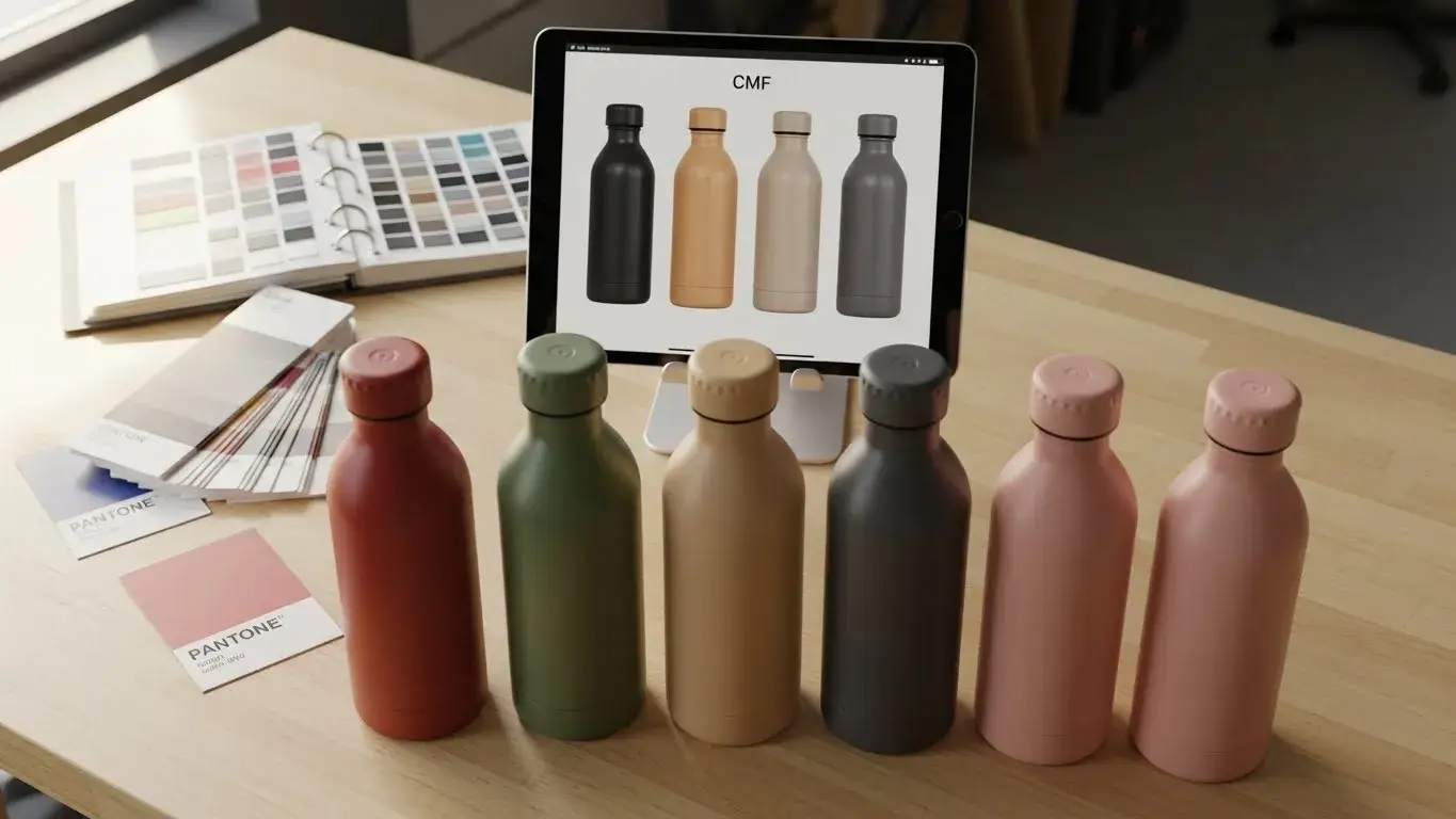 Sustainable CMF production Eco-friendly water bottles with digital CMF mockups