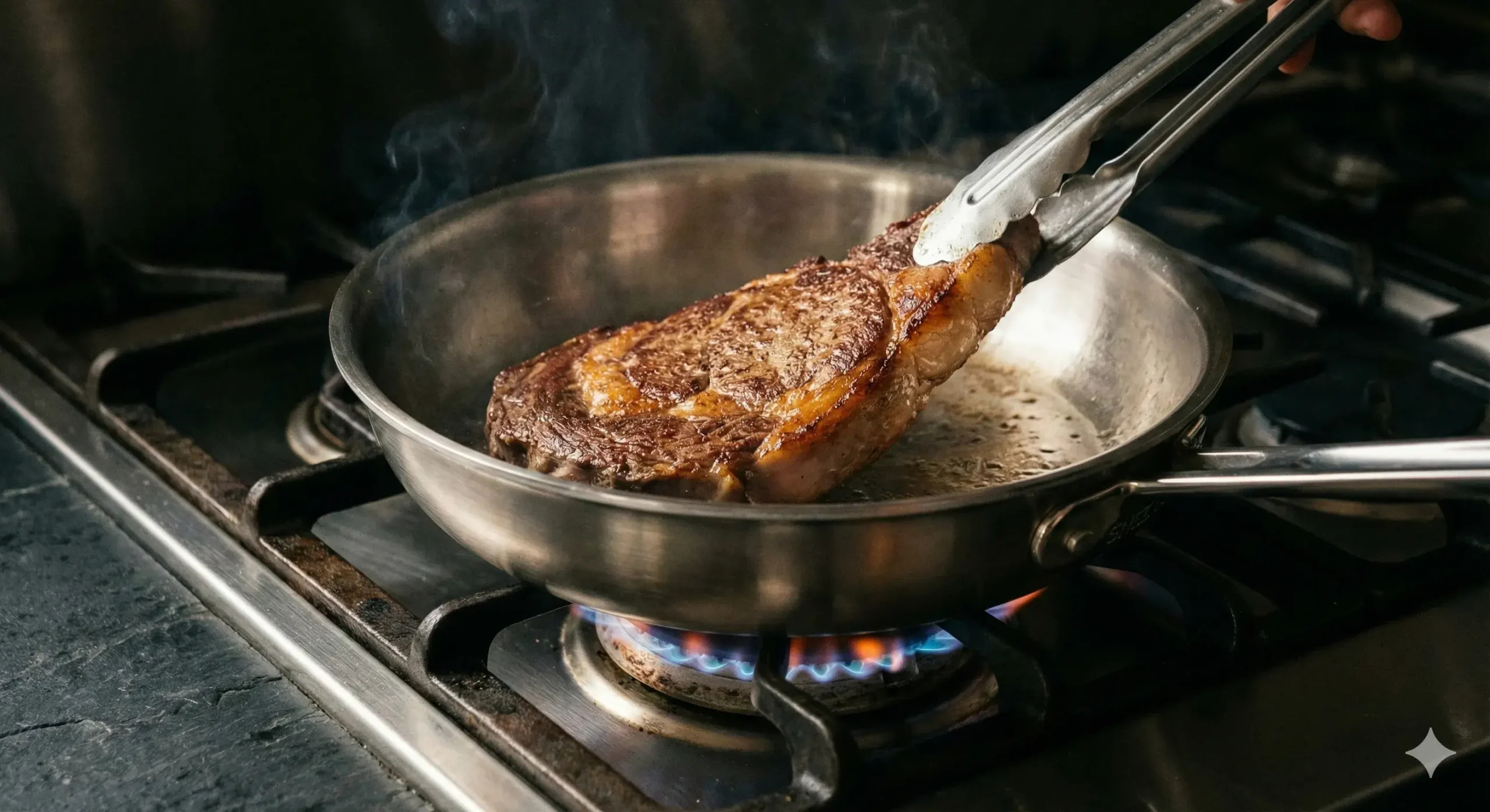 Performance in action Tri-ply pan cooking steak evenly on gas stove