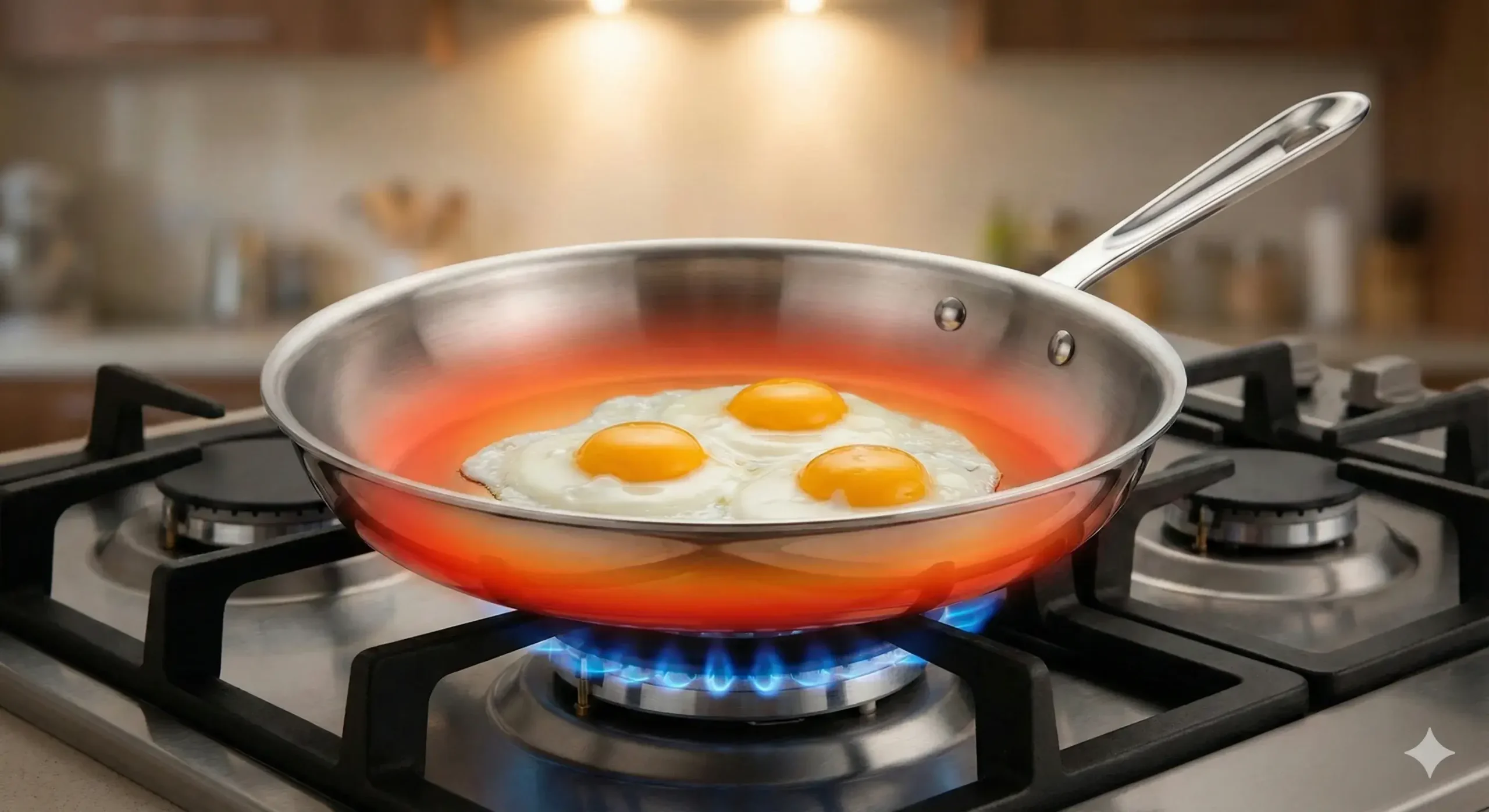 Even heat in tri-ply pan Tri-ply pan with evenly distributed heat visual